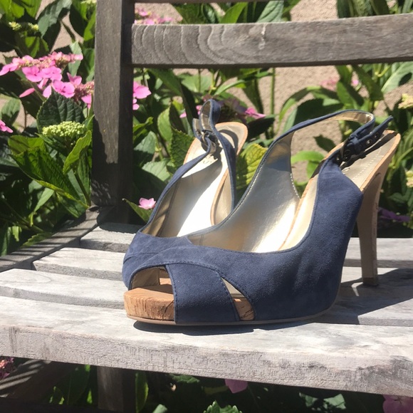 GUESS Blue Suede Cork Sling Back Peep Toe Platform - Picture 1 of 10